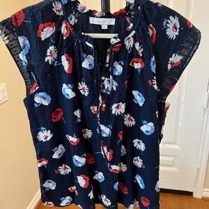 Ann Taylor LOFT Top, five buttons with a tie neck, cap sleeves, Navy floral